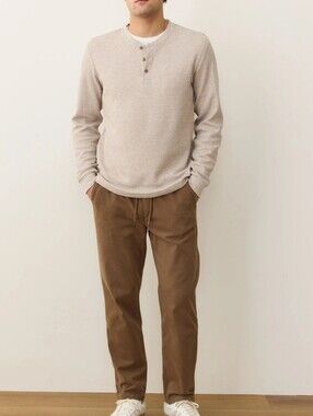 Marine Layer Waffle Henley Crewneck Sweater with Buttons, Men’s Medium Oatmeal
